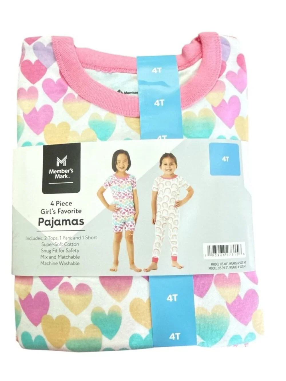 Members Mark 4 Piece Girls Favorite Pajamas-Size 4T-Hearts And Rainbows